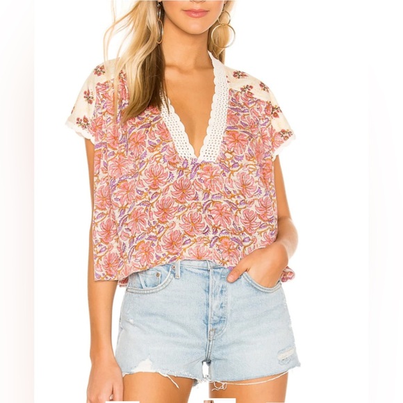 Free People Leilani Top ~ Floral Cream & Pink - Picture 5 of 12